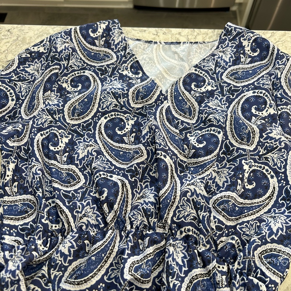 Blue Paisley Maxi Dress with Brown Belt. Wrap skirt. - Picture 5 of 5
